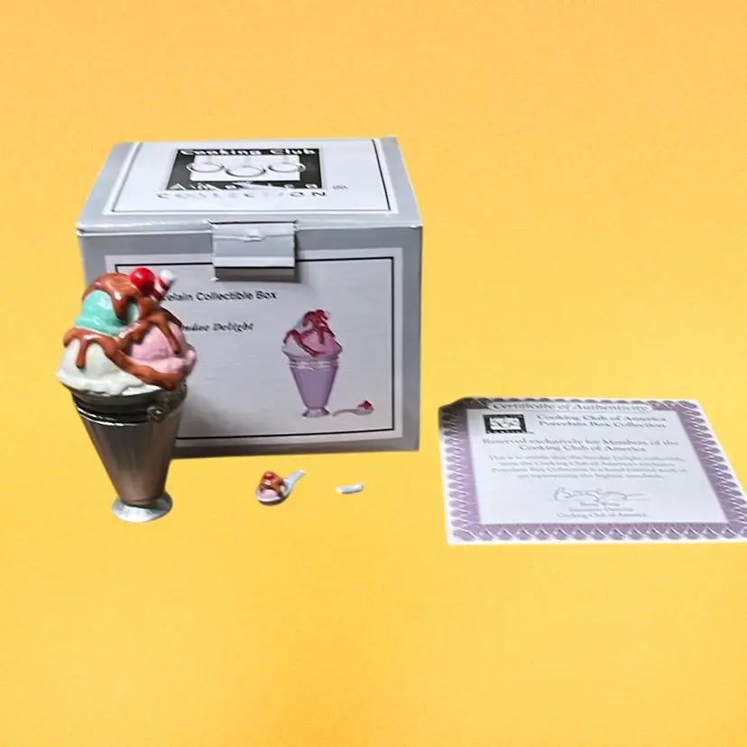 01. Vintage Sundae Delight with Spoon With Ice cream Trinket Porcelain Hinged Box.