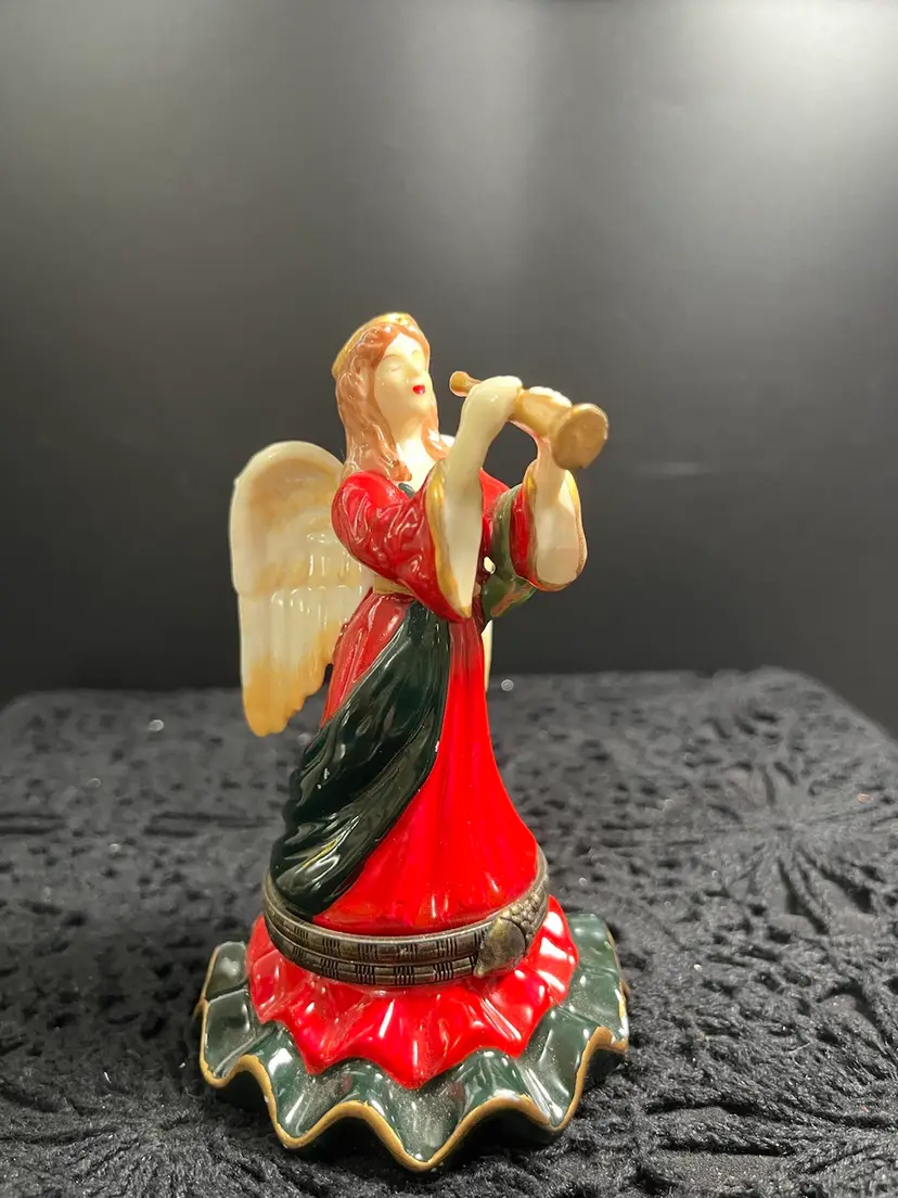 Seymour Mann, 1997, Beautifully Painted Red Gowned Angel Playing Trumpet, Trinket Box