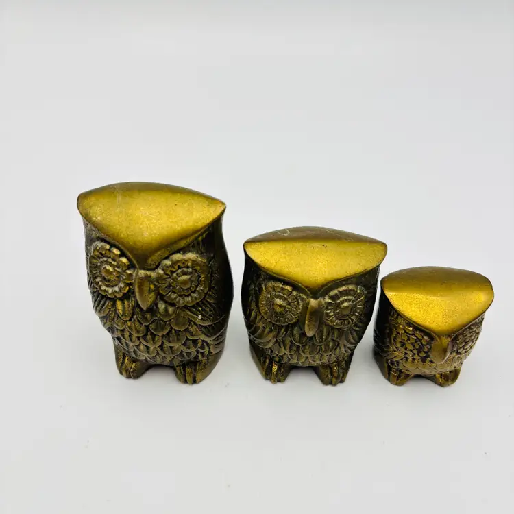 Vintage Brass Owl Family Set of 3 Figurines Paperweight Trio Brassware MCM