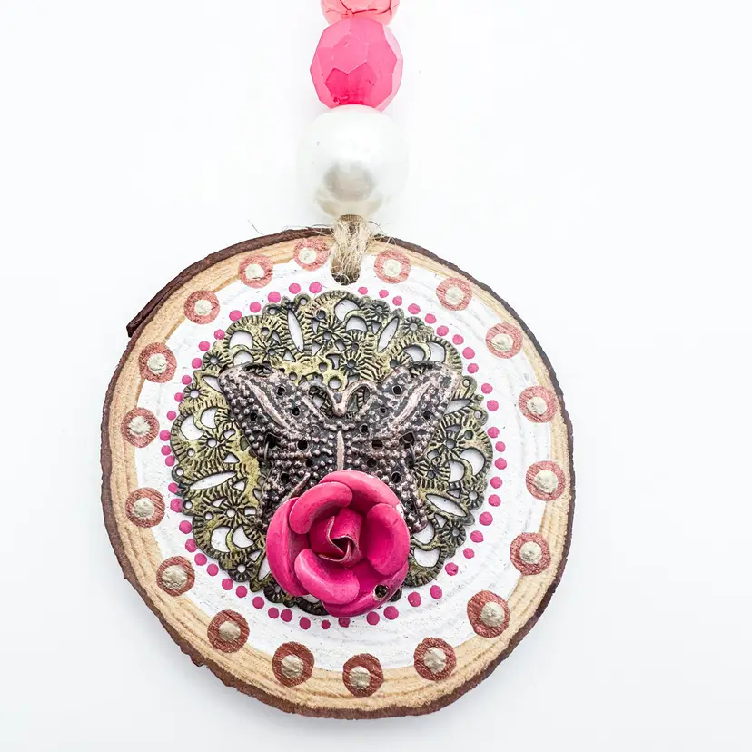 Butterfly Pink Rose Bead and Dot Painted Accents Handmade Bauble Ornament Repurposed Jewelry