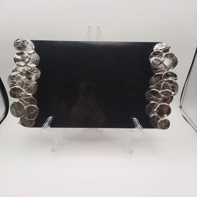 Michael Aram Botanical Leaf Black Granite Silver Leaves Charcuterie Cheese Board Rare HTF