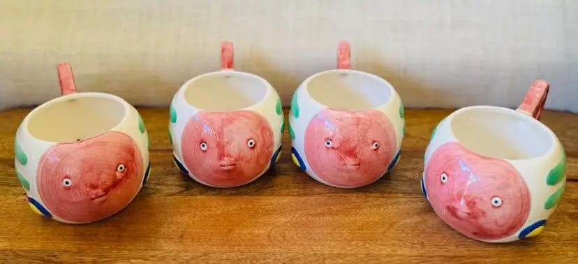 Vintage Set of 4 Fish Mug/Cup Pink Green Blue 6" X 3"