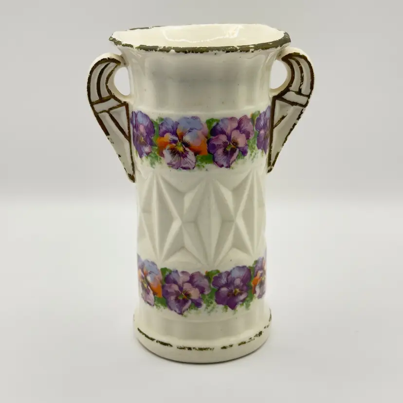 Vintage 1920's Art Nouveau/Art
Deco Pansy Floral Hand-painted Double Handle Porcelain Vase, Unbranded, Made in Czechoslovakia