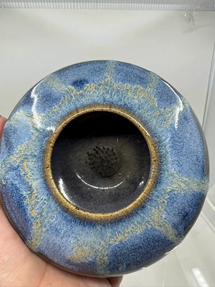 Blue Pottery Ikebana Signed “Paisley”