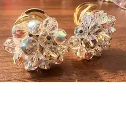 Vintage AB Aurora Borealis Cluster Round Clip Earrings Champagne Clear Crystals