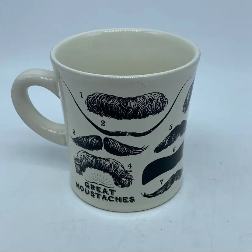 #1720 Novelty ceramic mug featuring various Famous Peoples moustache illustrations, made by The Unemployed Philosophers Guild 4” x 5”