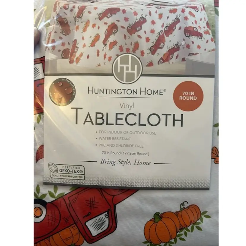 70” Round Huntington Home Fall Red Truck Harvest Tablecloth
