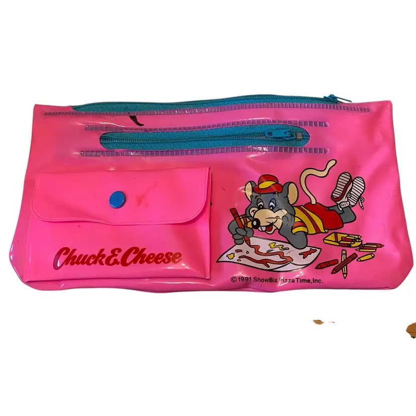 Vintage 1991 Chuck E Cheese Pink Zipper Pouch Pencil ShowBiz Pizza Time