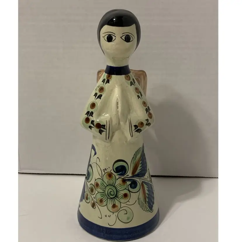 Signed Tonala Mexican Pottery Single 9” Angel Candlestick Holder