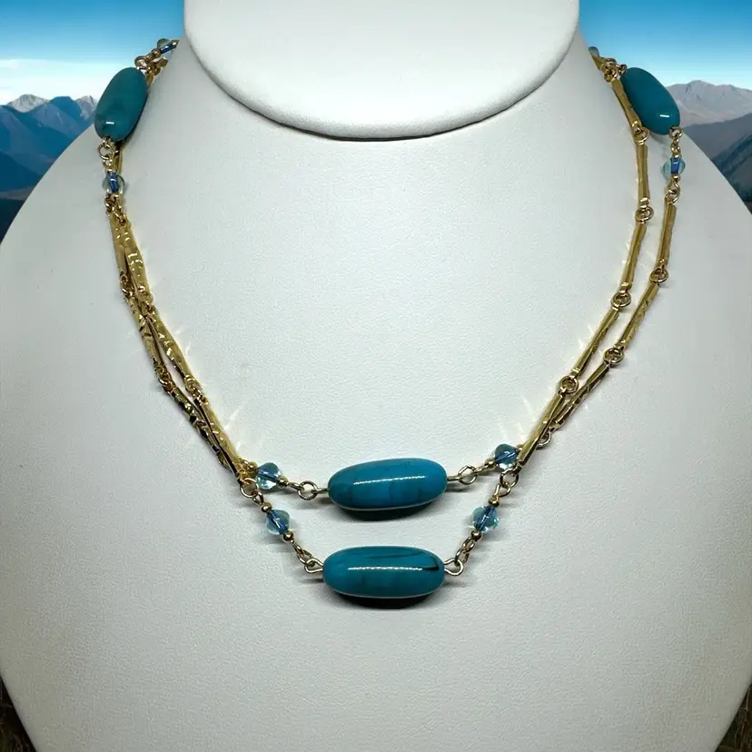 Sarah Coventry Vintage Faux Turquoise Gold Tone 36" Long Necklace. Signed