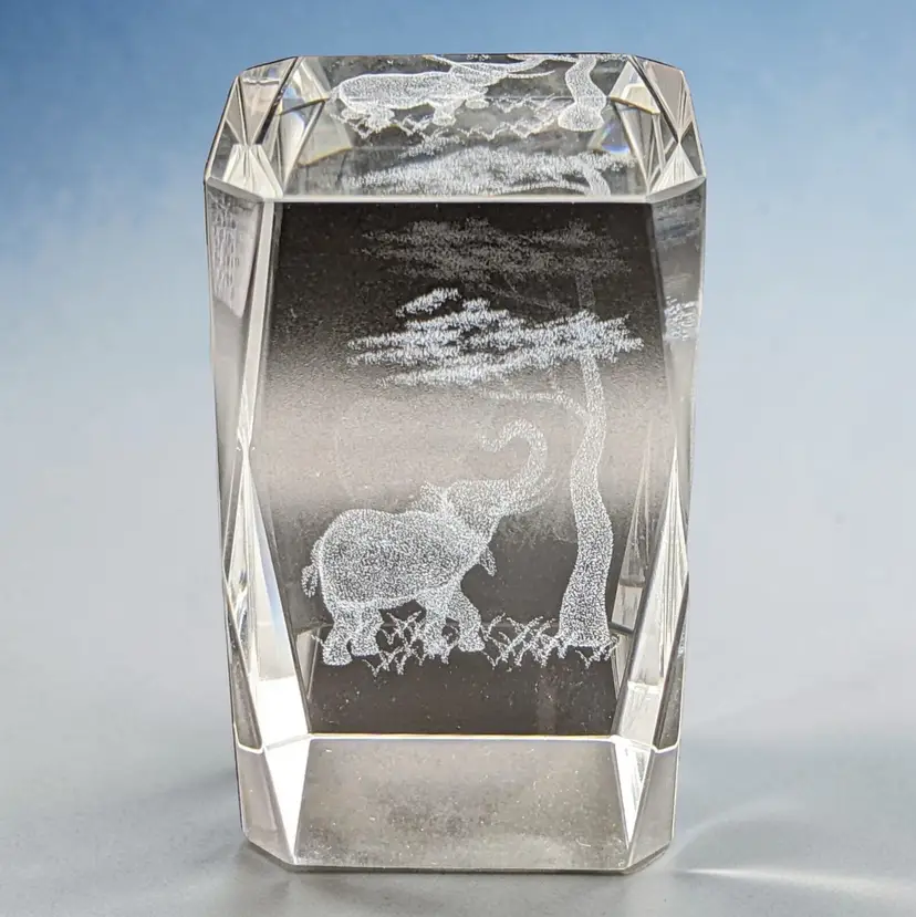 3 D Laser Etched Glass Crystal Block Elephant Trunk Up Under Tree Paperweight
