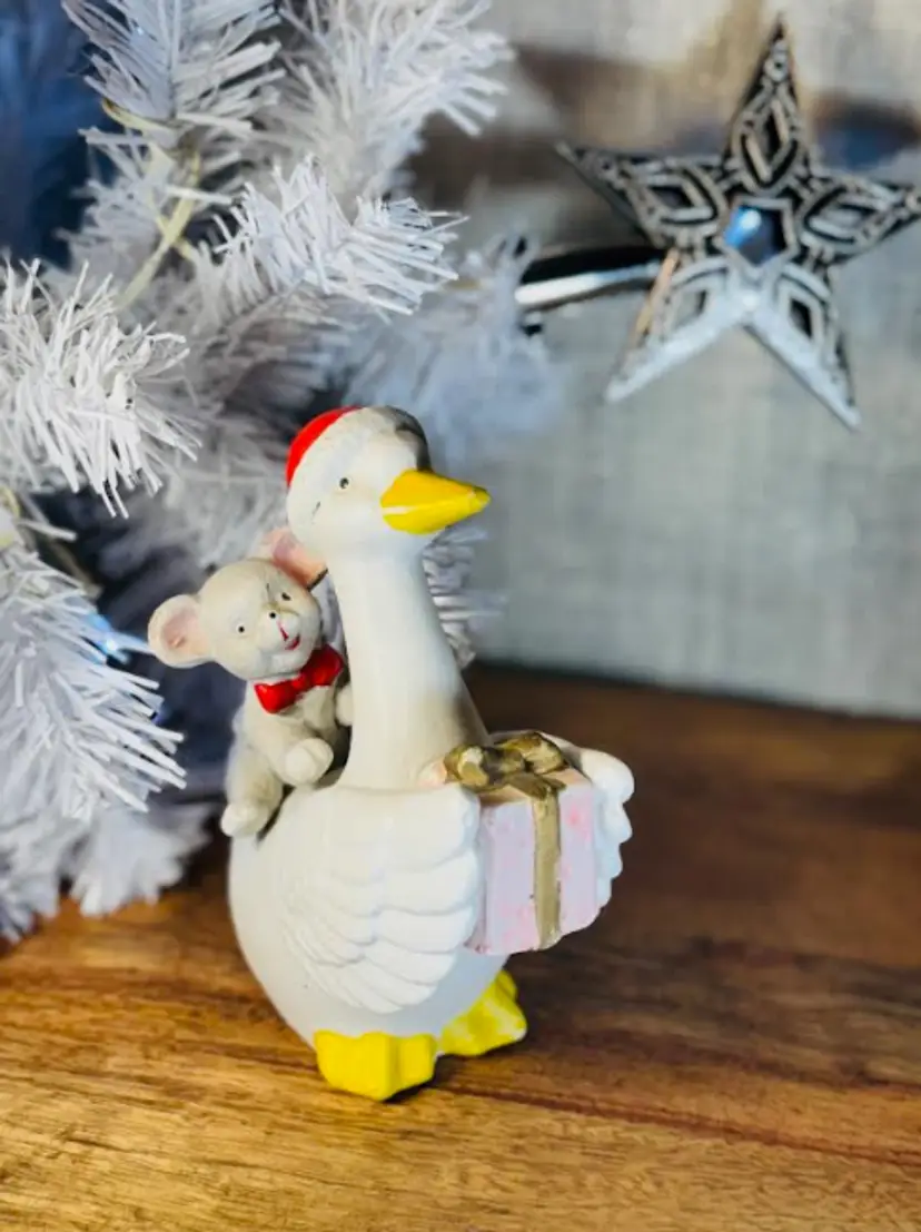 Vintage Christmas Holiday hand painted goose figurine with teddy bear and gift