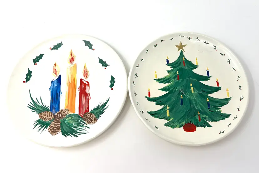 Vintage Hobbyist Ceramic Christmas Display Plates from Jamar Mallory Studio Molds, Set of 2, Christmas Tree and Candles, Crafted by Irene