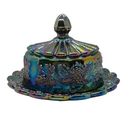 Vintage Fenton Amethyst Carnival Grape Cluster & Leaves Lidded Butter Dish W/Sticker 4.5” x 7”