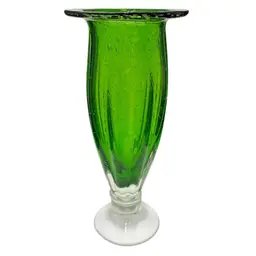 Vintage Kelley Green Bubble Glass Vase, Ribbed, Footed Pedestal, Lipped, 10.5"