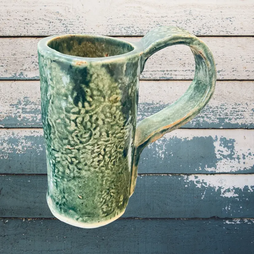 Vintage studio pottery green Coffee Tea mug Farmhouse Signed Boho Cottagecore