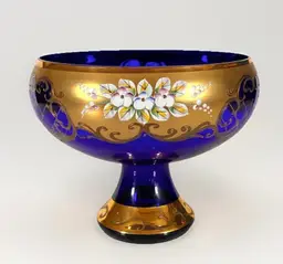 VTG Boho Glass Cobalt Blue Bowl by Bohemia Glass Czech Republic 24K Susal Gold