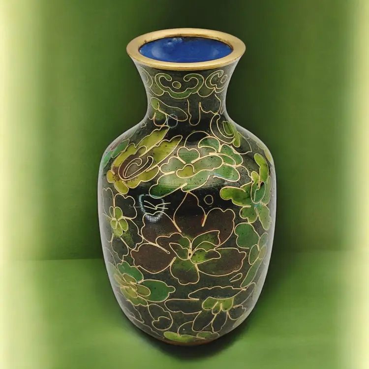 Chinese Cloisonné Miniature Vase Floral  3.25" Green Enamel Gold Color Accents
