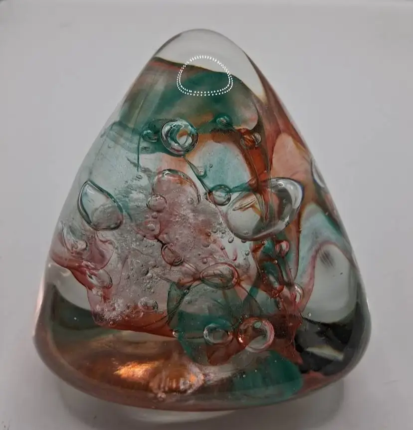 Vintage, Scarce, 1991 RS Topp Signed, Triangle Controlled Bubble Peach, Green, White, Art Glass 3" Paperweight