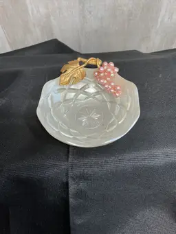 Frosted Glass Trinket Dish with Grape & Leaf Accent Pearls & Rhinestones 1950s-60s