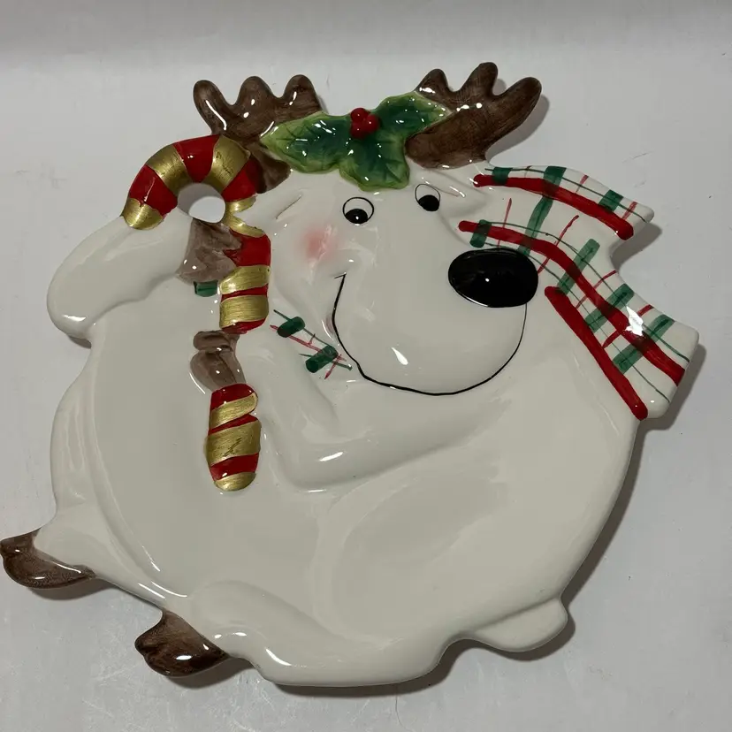 Fitz And Floyd Plaid Christmas Reindeer Canape Tidbit Serving Holiday Plate