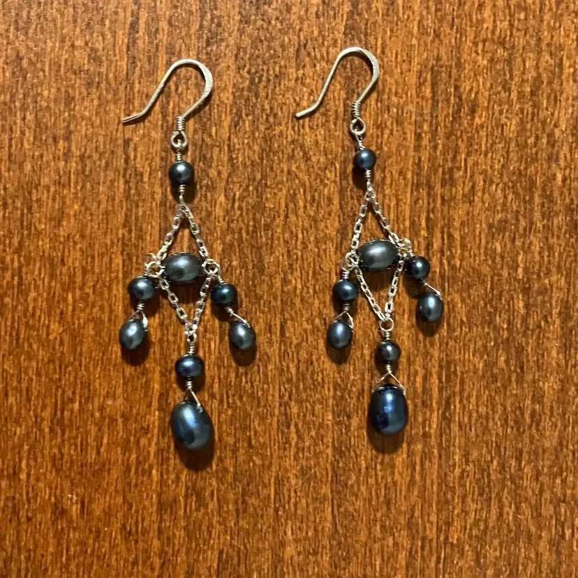 #01 - Vintage Gray Multiple Beads with Silver Chain Earrings 2 1/2" drop