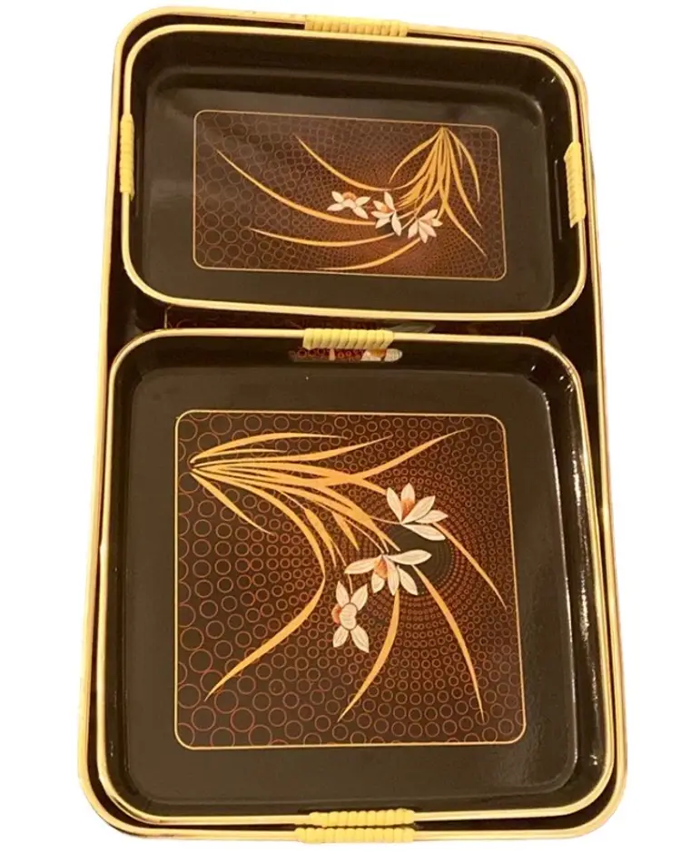 VTG Japanese Black Lacquer Hand-Painted Floral Nesting Serving Tray Set of 3 MCM