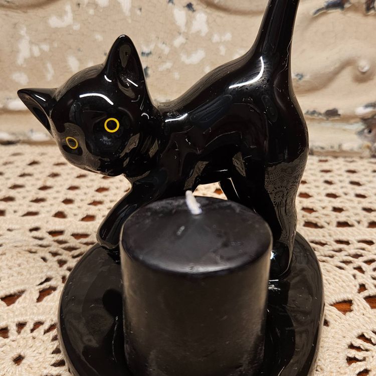 PartyLite Black Cat Ceramic Votive Tea Light Candle Holder Halloween Fall Autumn