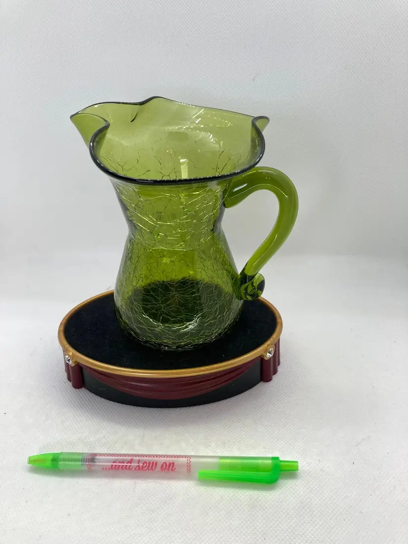 Vintage Crackle Glass Green Pitcher Hand Blown Ruffled Edge