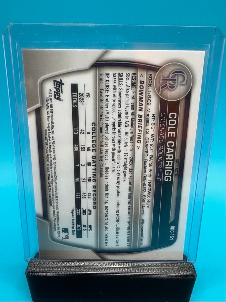 Cole Carrigg 1st Bowman Chrome Refractor Colorado Rockies