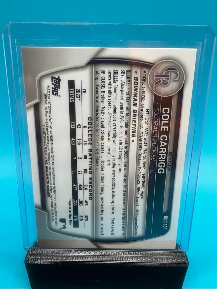 Cole Carrigg 1st Bowman Chrome Refractor Colorado Rockies