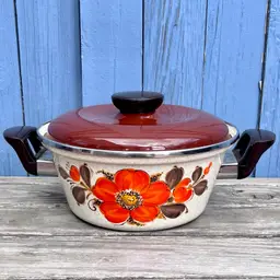 Vintage 23 cm Sanko Ware Show Enamel Pans Orange Flower Japan Covered Sauce Pan