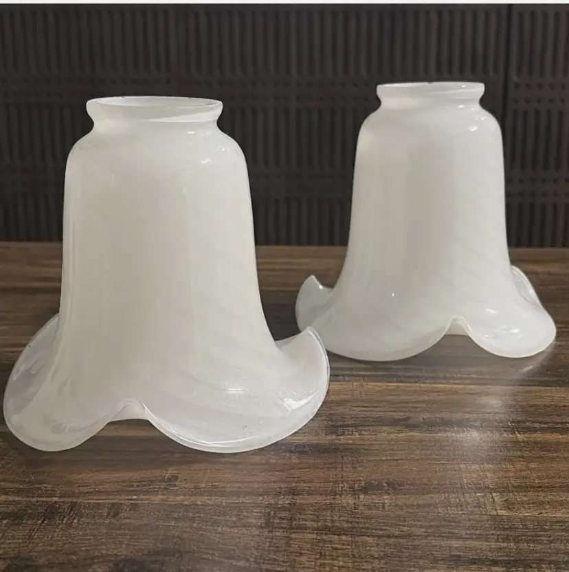 Pair Vintage 2-1/4” Fitter Opalescent White Swirl Glass Lamp Shades Ruffle Tulip
