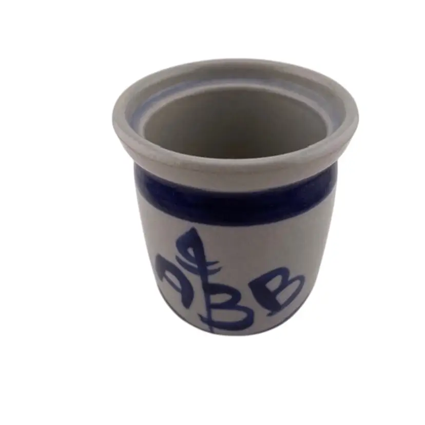 Vintage Crock Style Jam Jar ABB for AB Bergrath - Gray and Colbalt Blue Salt Glaze Style Finish 2.5" Tall x 2.25" Wide