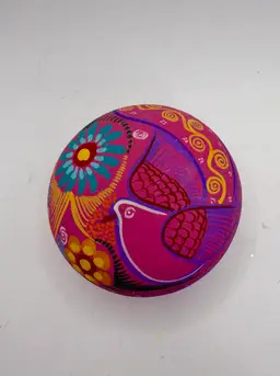 Mexican Folk Art Trinket Box Hand Painted Bird Art Pottery Redware W/ Lid Matte UV Glow
