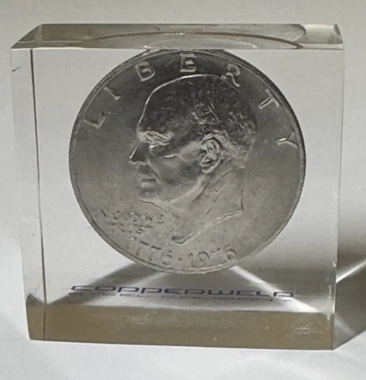 Bicentennial Eisenhower Dollar Coin in Acrylic Paperweight reverse type 2