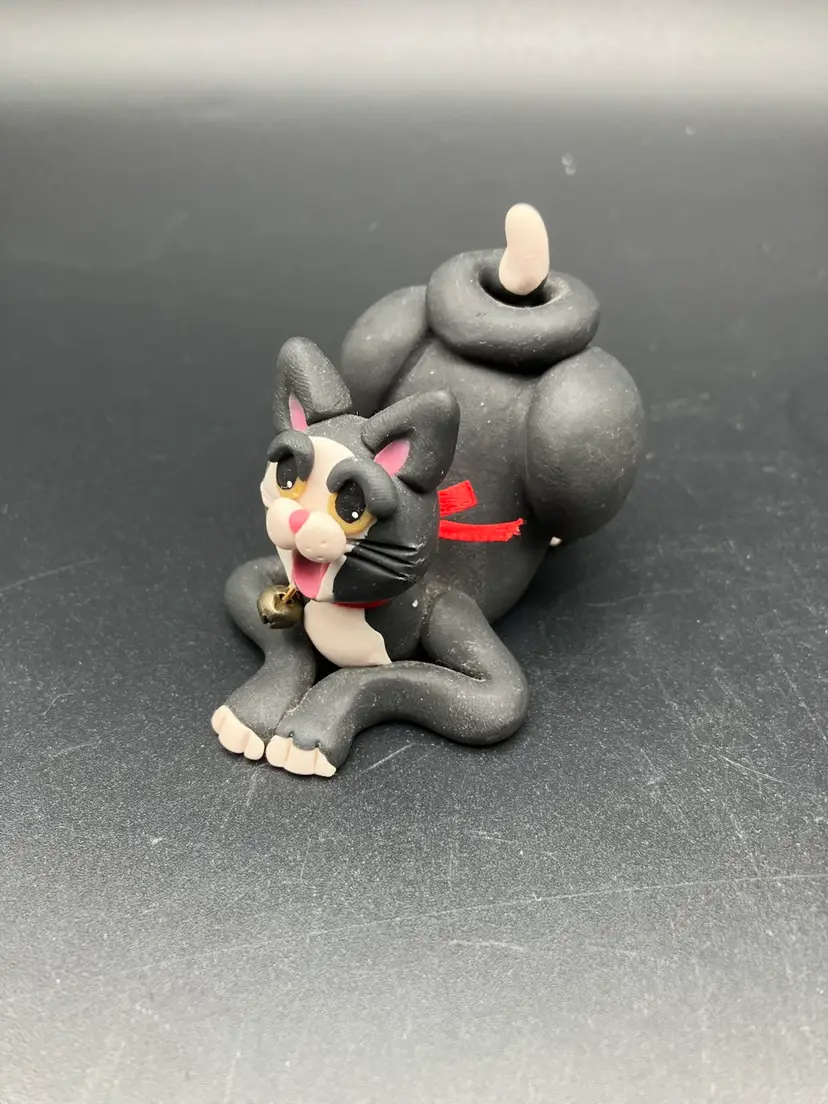 BIN - Vintage Cecile Baird Polymer Clay Creations Crouching Cat With Bell. Eyes Glow!