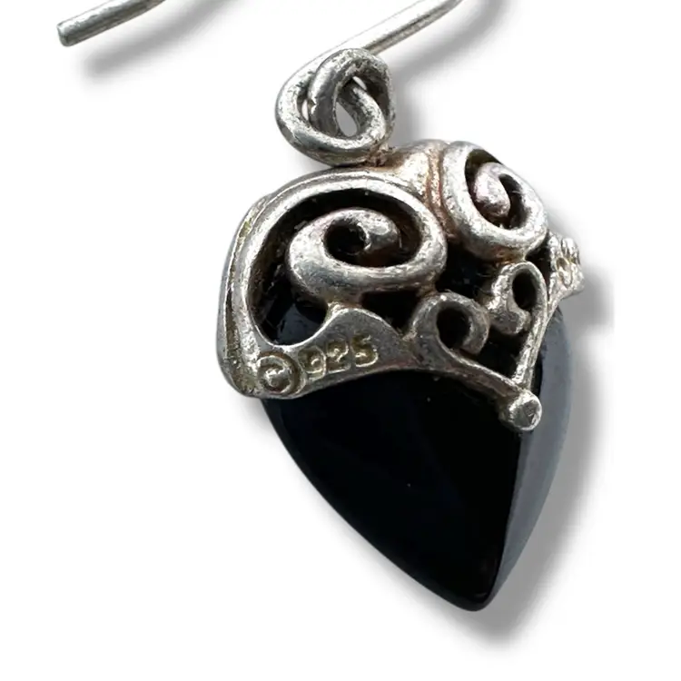 Vintage Signed 925 Black Onyx Heart Dangle Pierced Earrings
