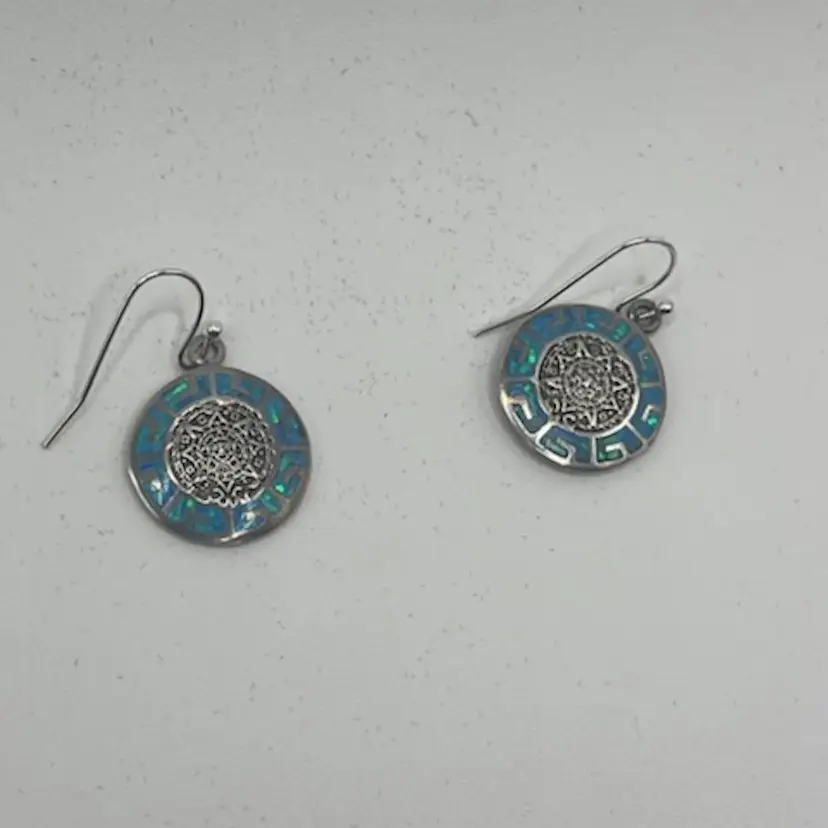 Sterling Silver Mayan  Earrings Inlaid With Opal