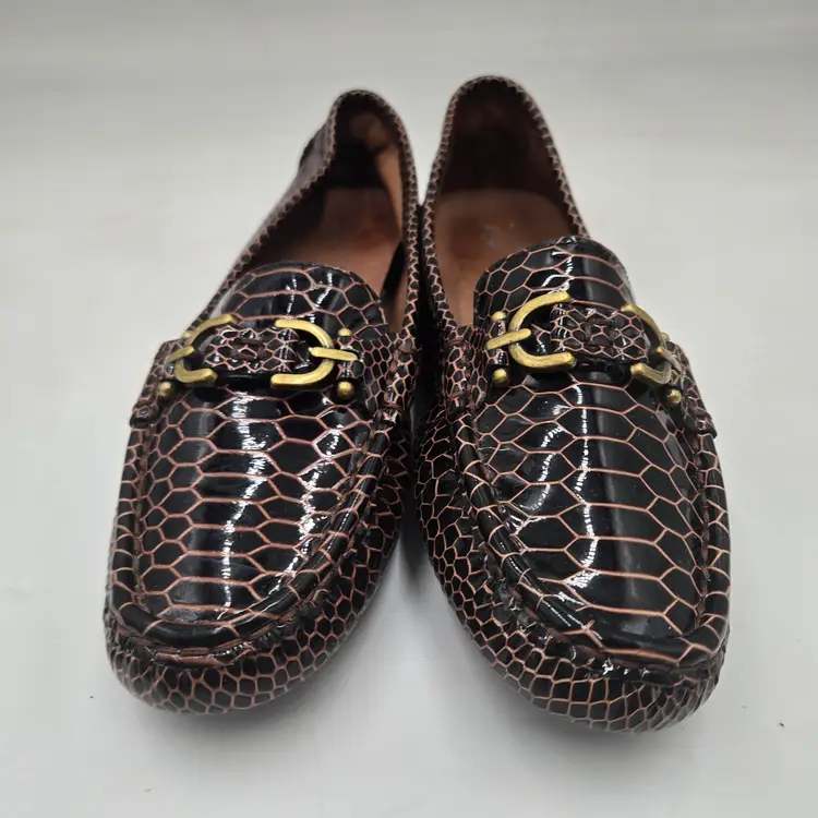 DONALD J PLINER Sz 8.5 Womens Viky Faux Croc Exotic Brown Driving Loafer Patent