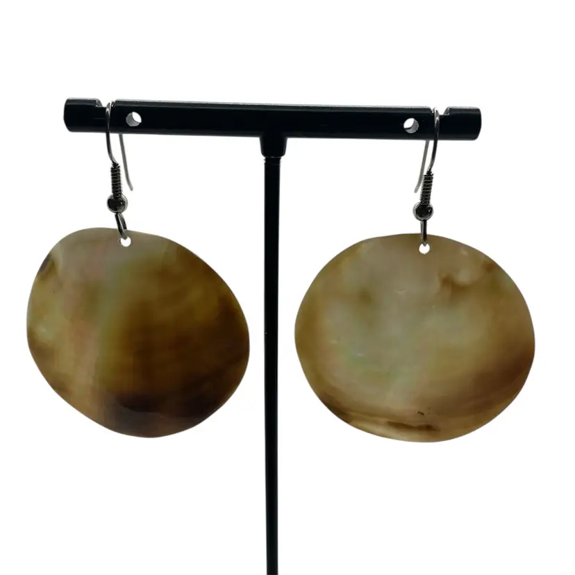 Mother Of Pearl Round Seashell Earrings Iridescent On Wire Nature Shell Ocean