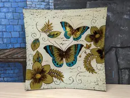 Glass Butterfly Platter Iridescent Square Plate Fused 14" Flower Serving Gift Bugs