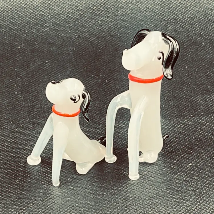 Blown Glass Dogs Set of 2 White and Black Cute Dogs