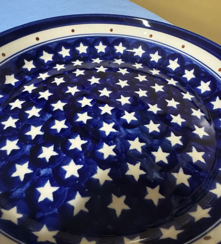 Polish Pottery Pie Dish Plate 9.5” Stars Blue White Red