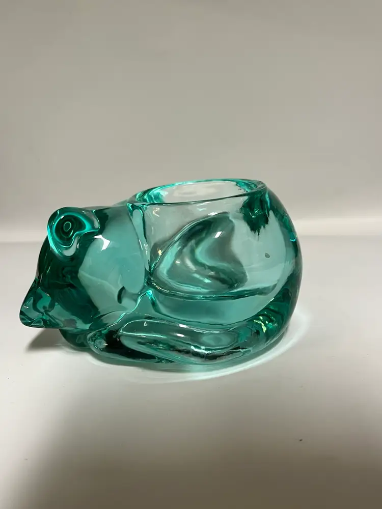 Indiana Glass- Vintage Teal Sleeping Kitty Votive Holder 5x3.5”