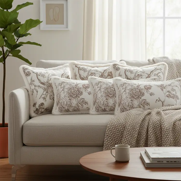 SOGA 6PC Vintage Floral Fur Trim & Taupe Floral Embroidered Pillow Covers 30-45cm