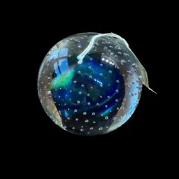 Marian Pyrcak (M.P.) Blue & Green Swirl With Bullicante Poland Studio Art Glass Orb Paperweight