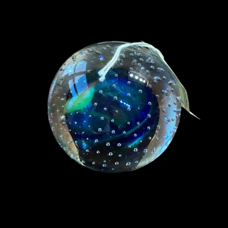 Marian Pyrcak (M.P.) Blue & Green Swirl Poland Studio Art Glass Orb Paperweight