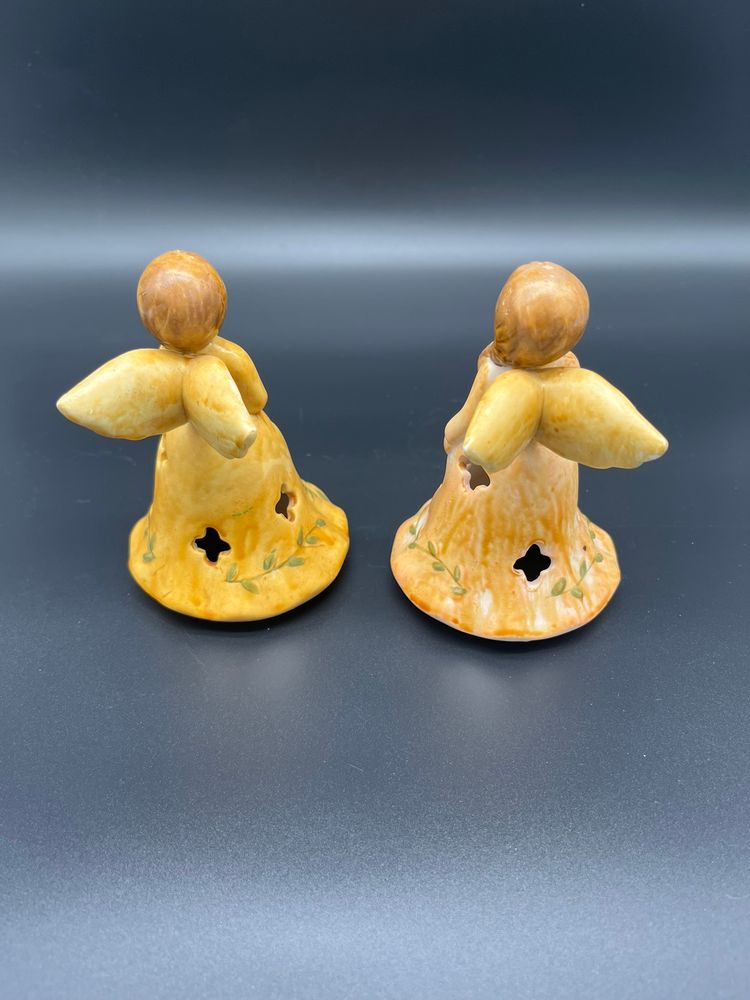 Vintage Ceramic Angel Votive Covers - Matching Pair with Star Cutouts, 5" Tall Christmas Luminaries