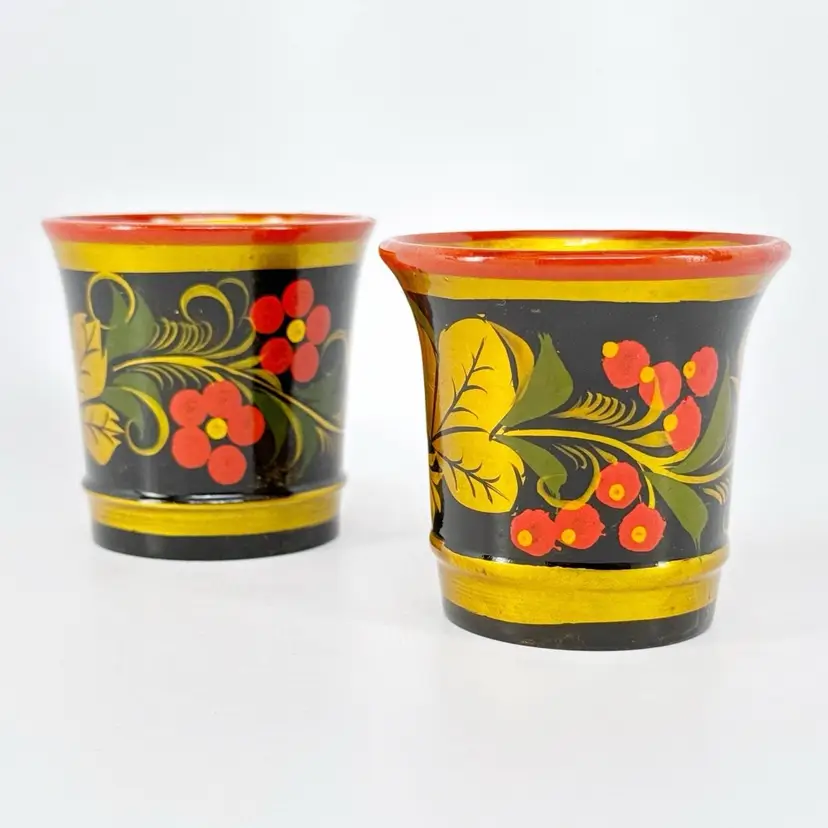 2 Vintage USSR/Russia Khokhloma Lacquerware Cups, Hand-Carved Wood, Hand-Painted Folk Art, Flowers & Berries